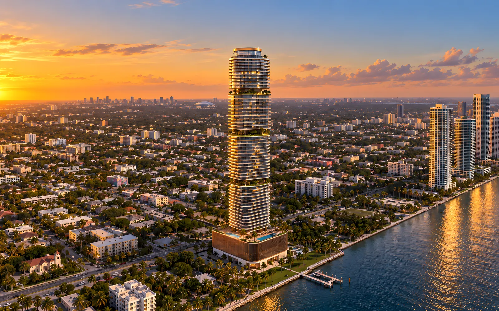 Altura, a slender condo tower on the Miami waterfront at sunset.