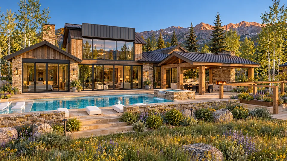 A timber and stone mountain home with a pool, aspens and peaks behind.