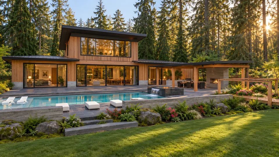 A cedar home with a pool in a tall fir forest in the Pacific Northwest.