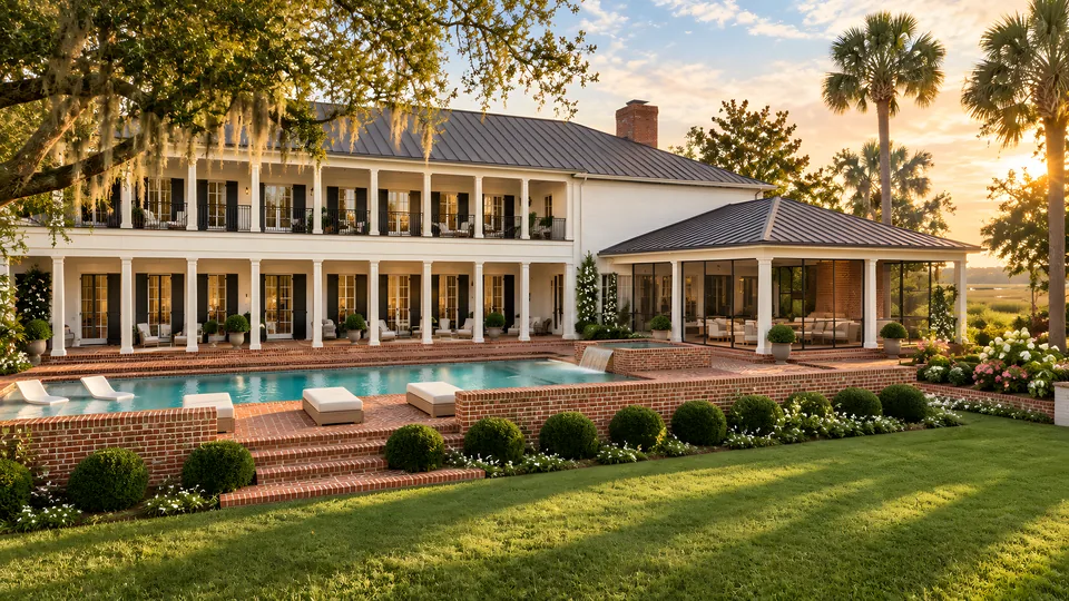 A white Southern home with deep porches, brick terraces, live oaks and palmettos.