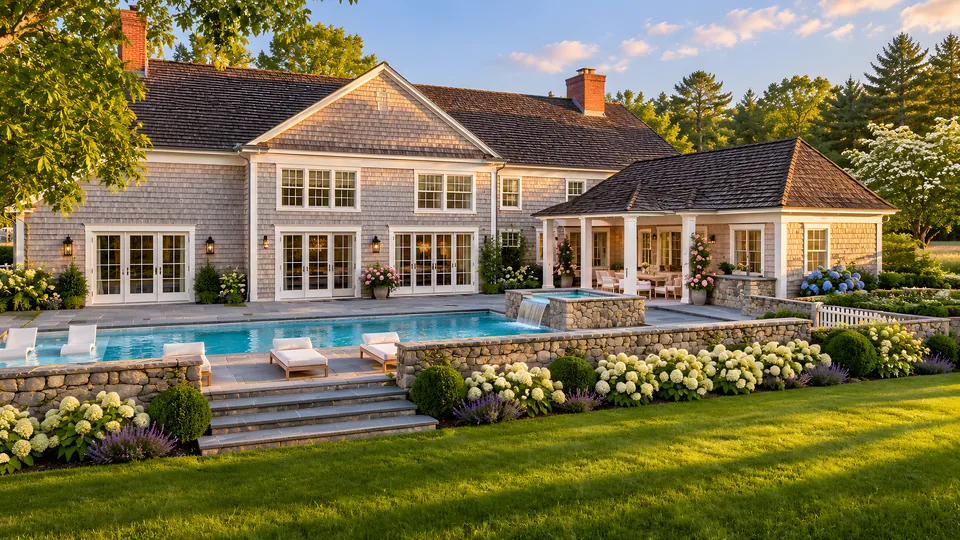 A cedar-shingle New England home with a pool, bluestone terraces and hydrangeas.