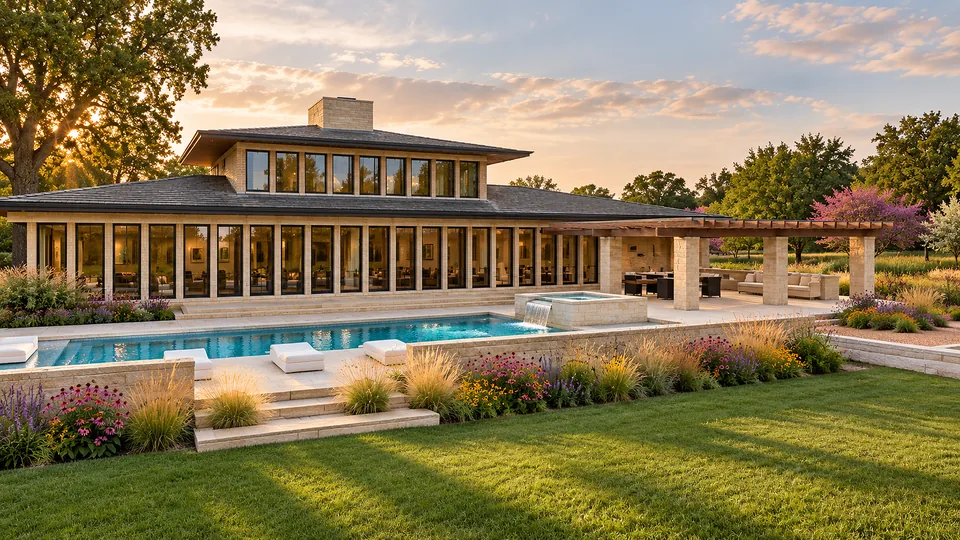 A Prairie-style home with a pool, lawn and native prairie planting at sunset.