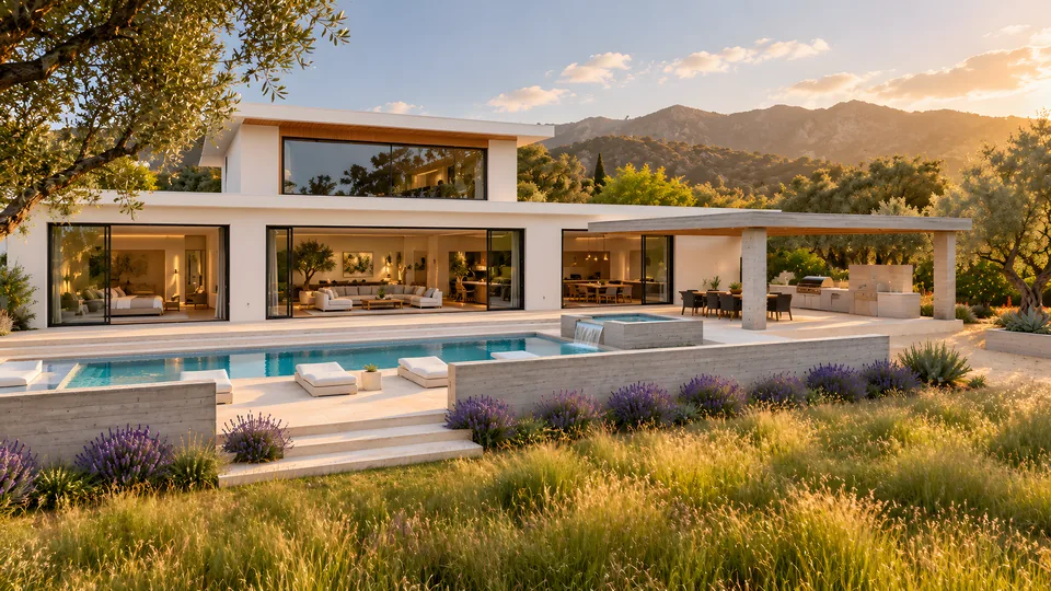 A white California home among olive trees and lavender with mountains behind.