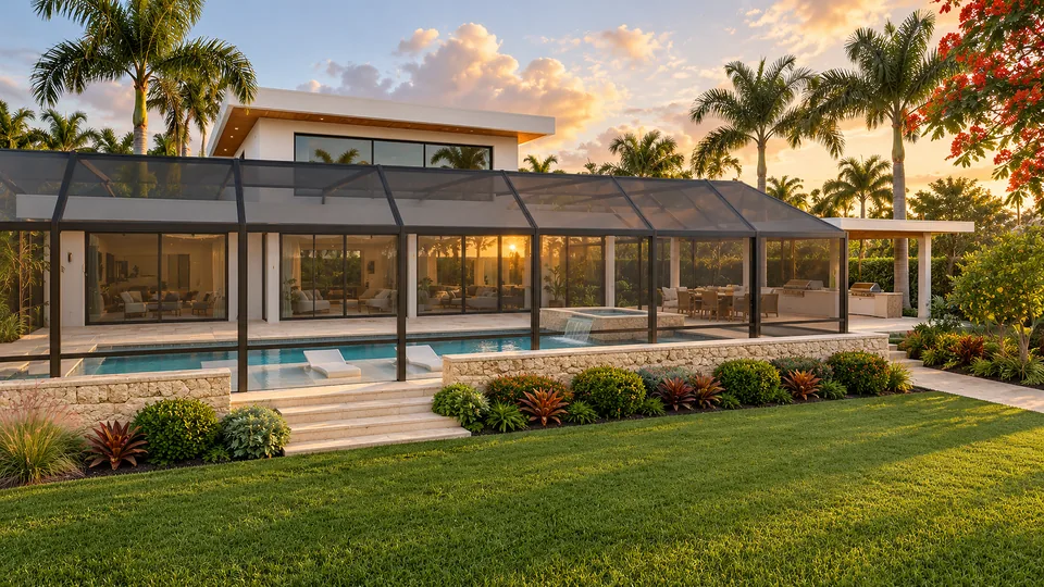 A Florida home with a screened pool cage, palms and tropical planting at sunset.