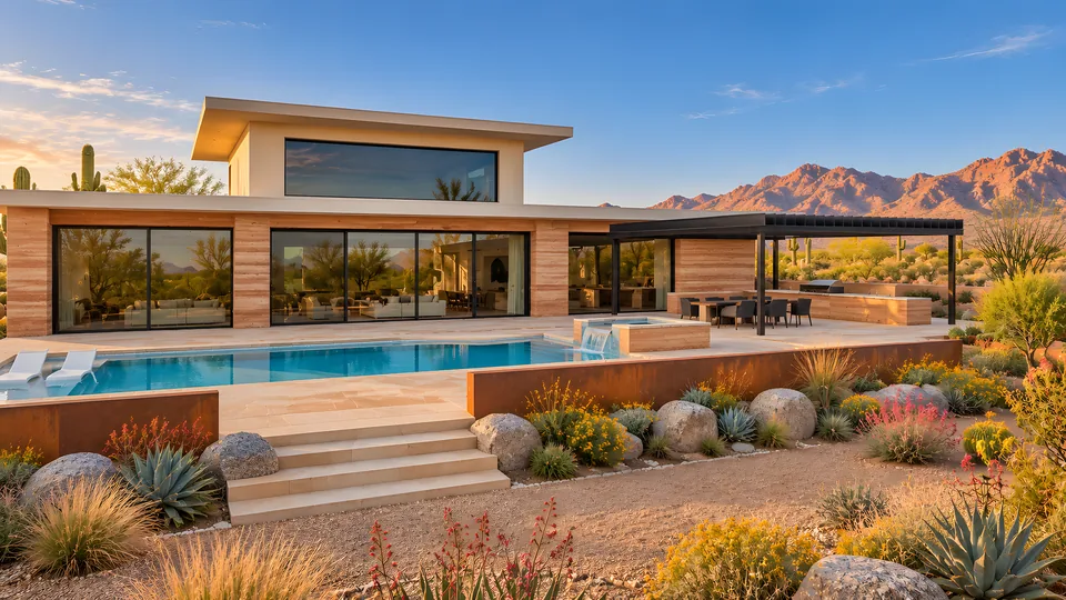 A desert modern home with a pool, boulders and cactus below the mountains.