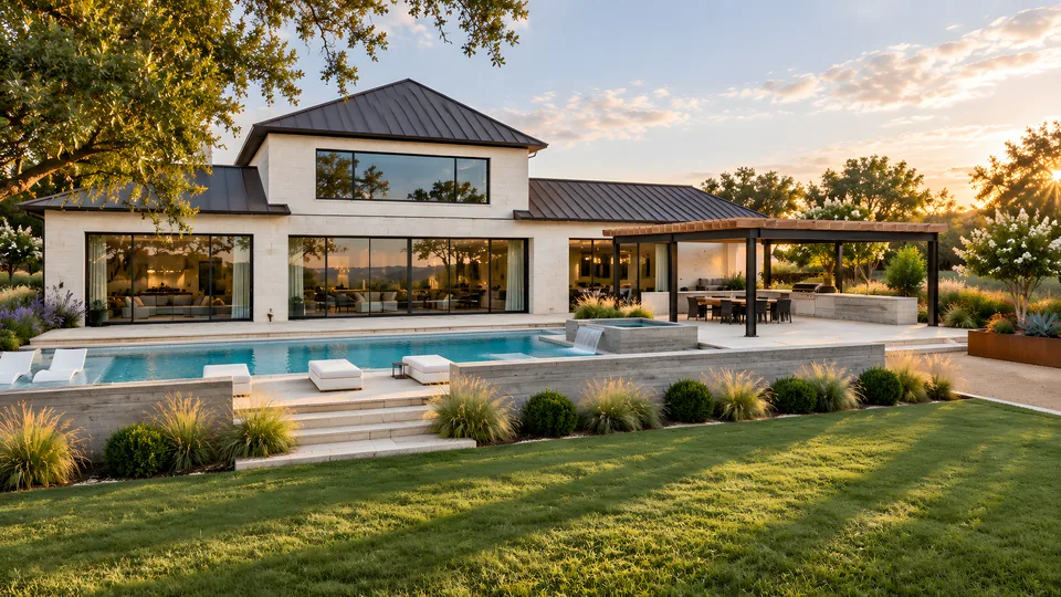 A modern home with a long pool and native grasses at golden hour in the Texas Hill Country.