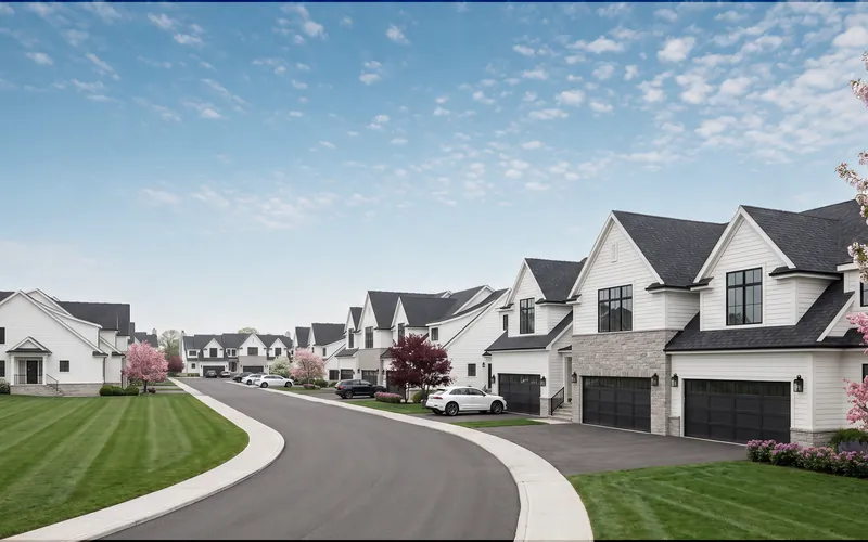 Ravine Estates, a street of new townhomes under a blue sky.