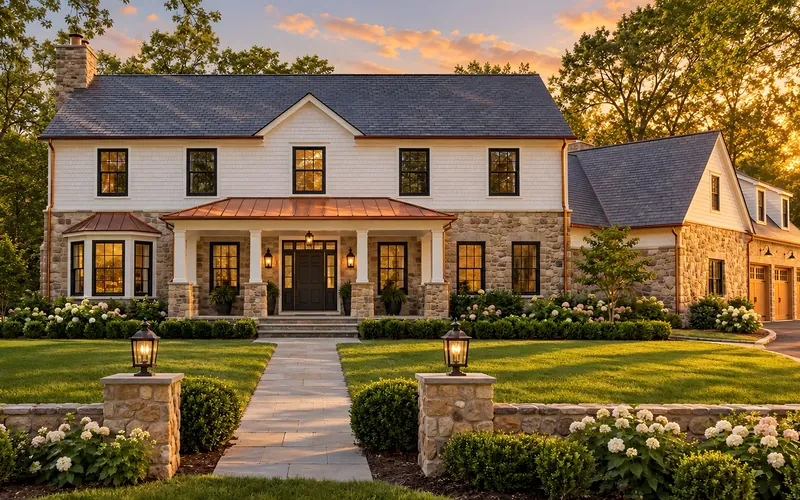 The Saddle River House, a stone and shingle colonial home at golden hour.