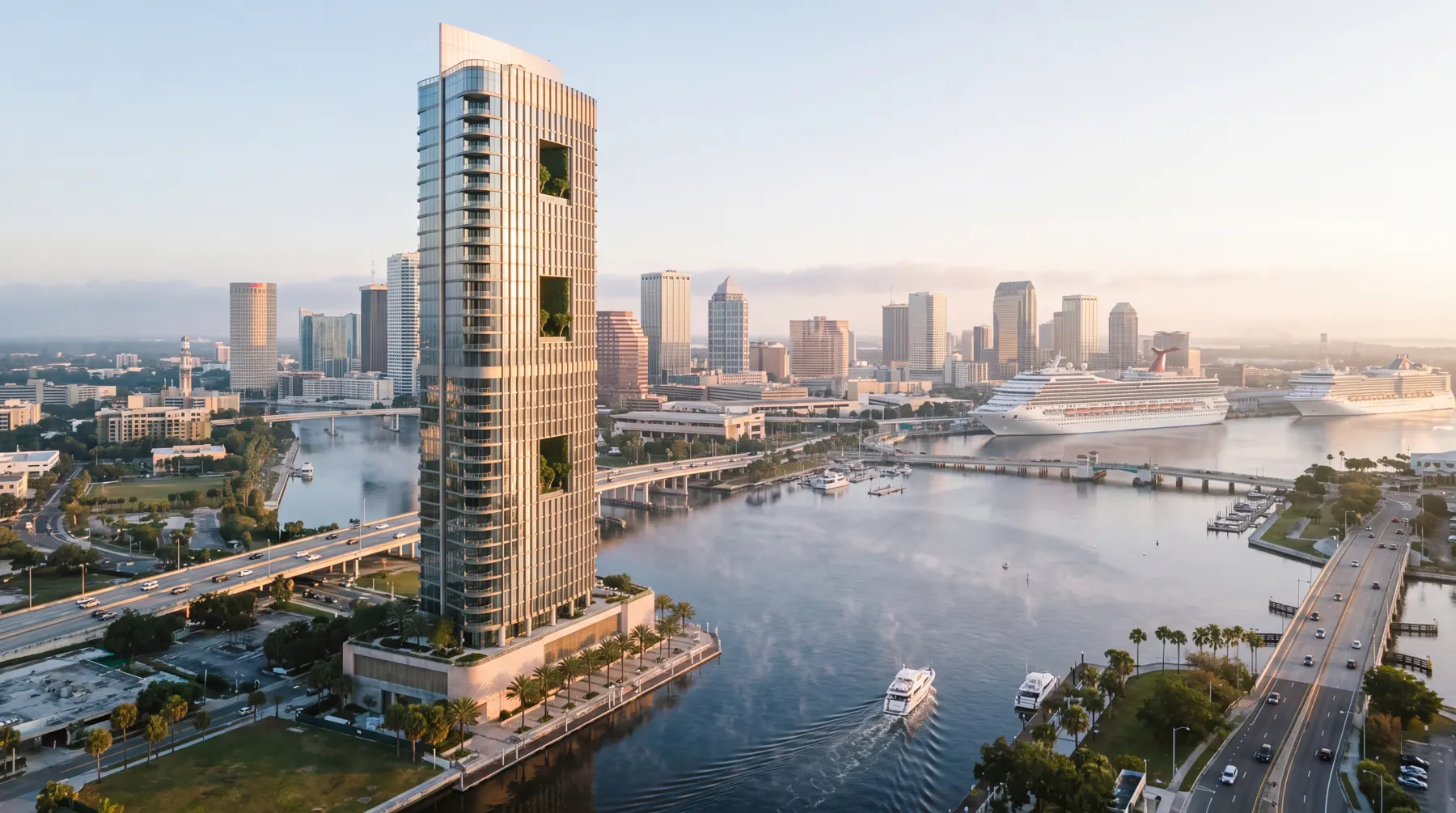 AURA Bayfront Residences aerial over downtown Tampa