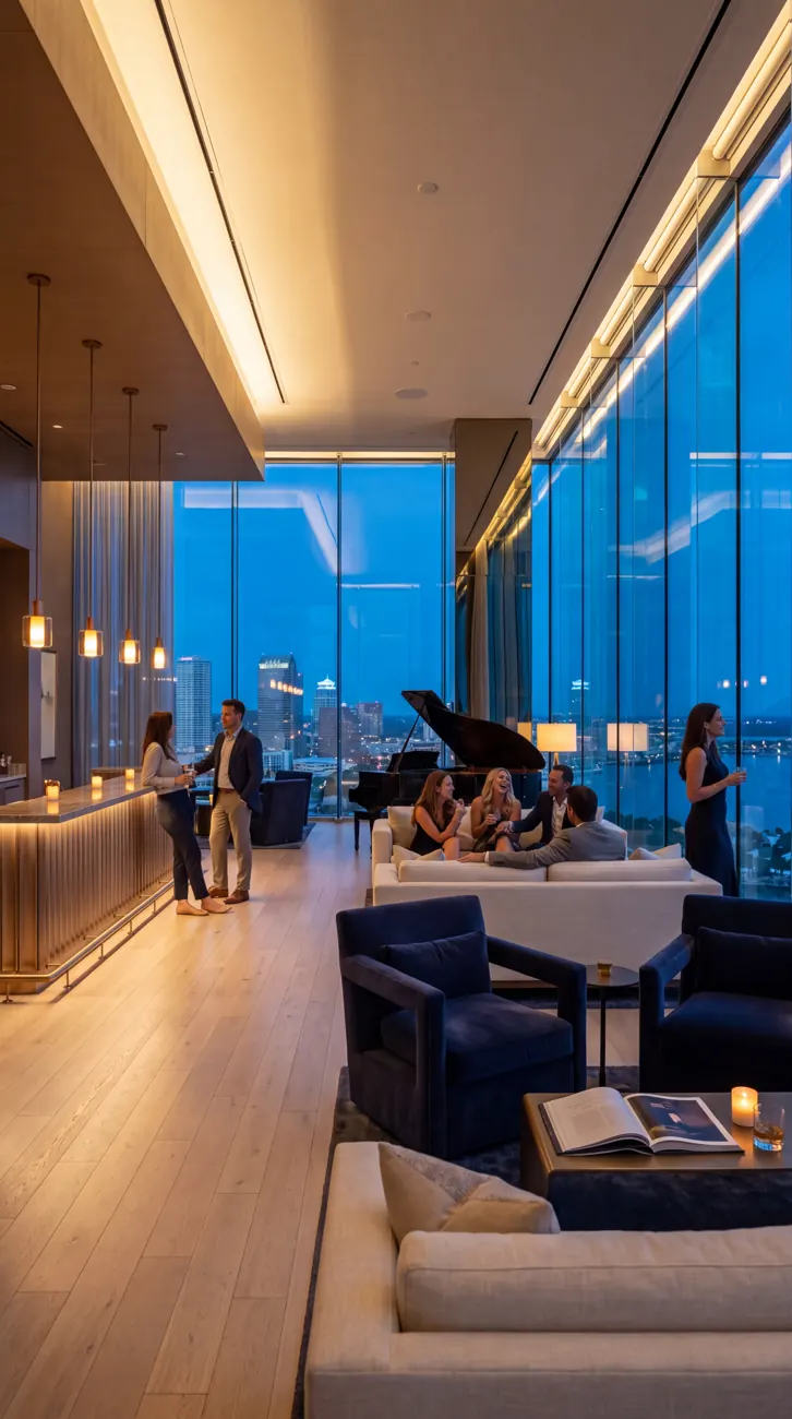AURA sky lounge at blue hour — film frame