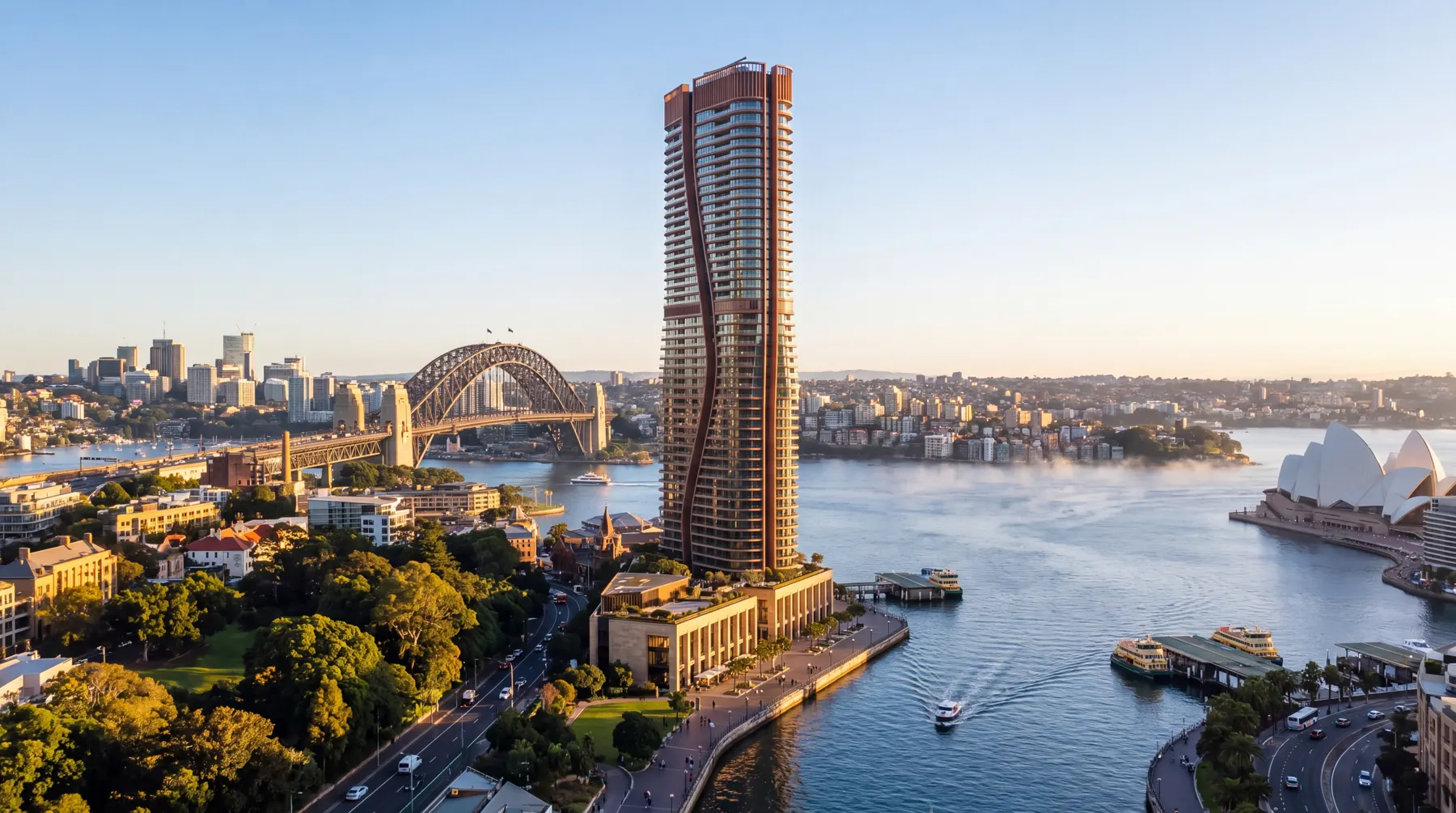 Aerial photograph of Barangaroo Reach at sunrise, Sydney, Australia.