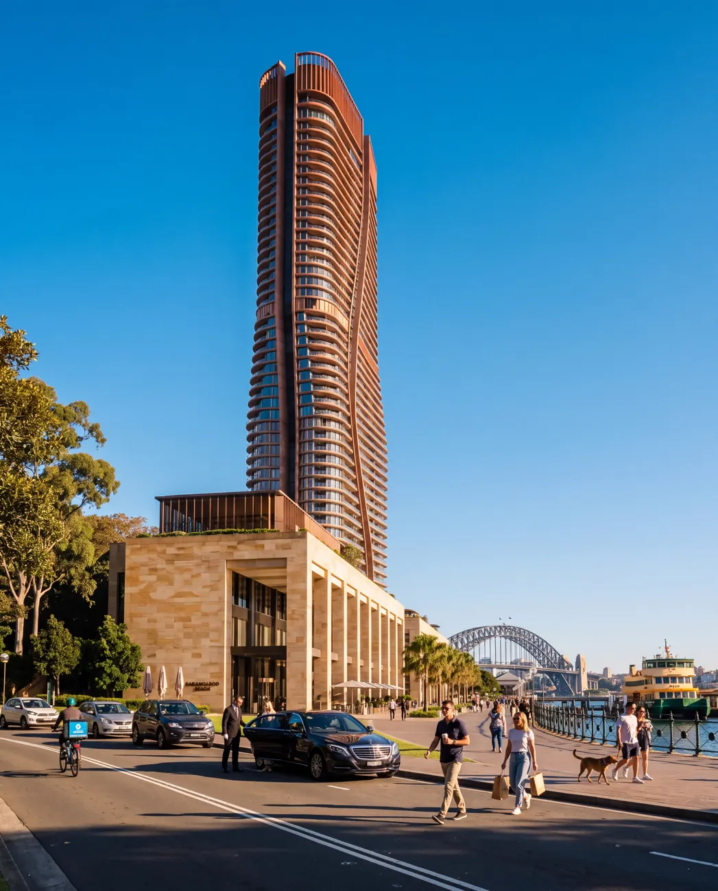 Street-level arrival at Barangaroo Reach, Sydney, Australia, mid-morning.