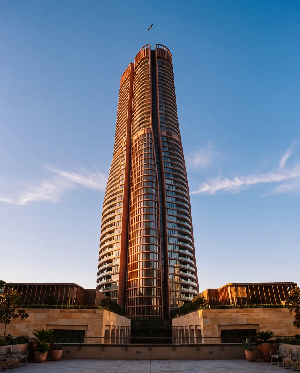 Looking straight up the facade of Barangaroo Reach to its crown, Sydney, Australia.
