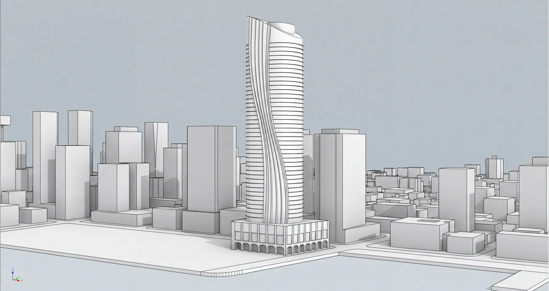 Grey massing model of Barangaroo Reach among its city context blocks.