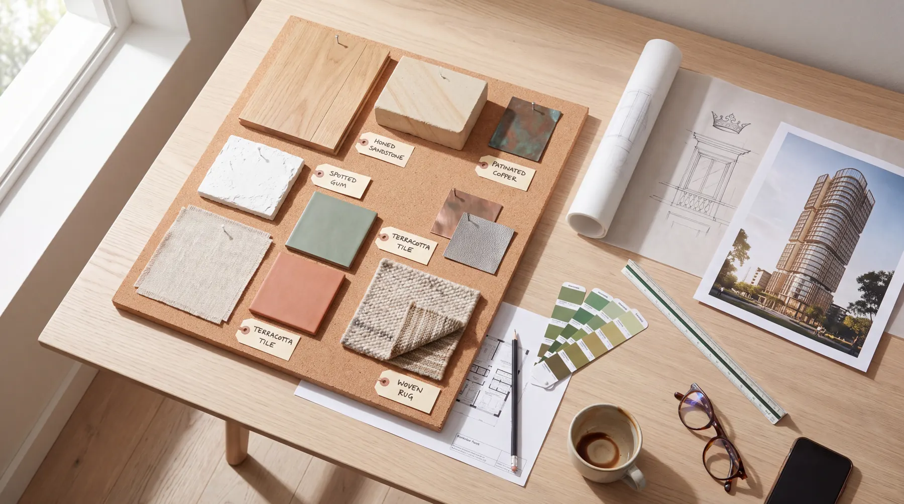 Material board and design references for Barangaroo Reach laid out on a studio desk.