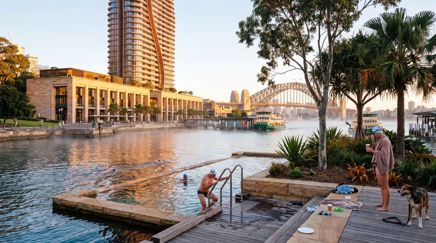 Six-thirty in the morning at the harbourside pool and swim ladder at the foot of Barangaroo Reach, Sydney, Australia.