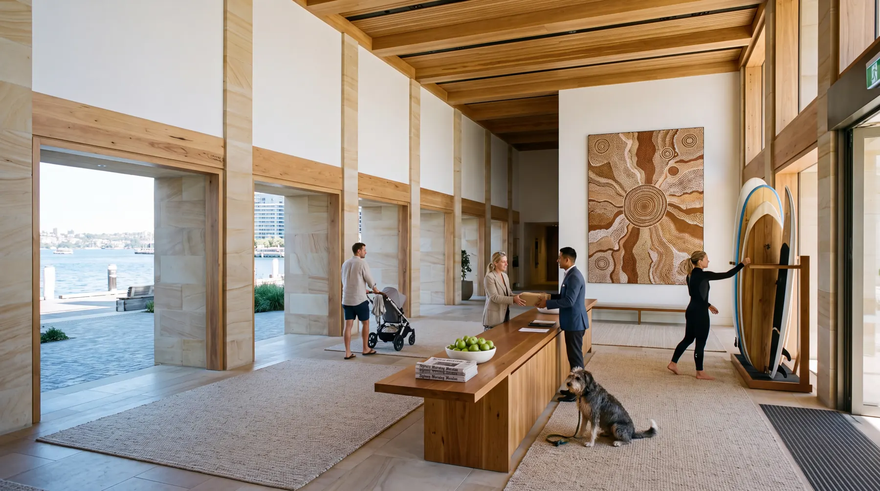 The residents' lobby at Barangaroo Reach, Sydney, Australia, on a Saturday morning.