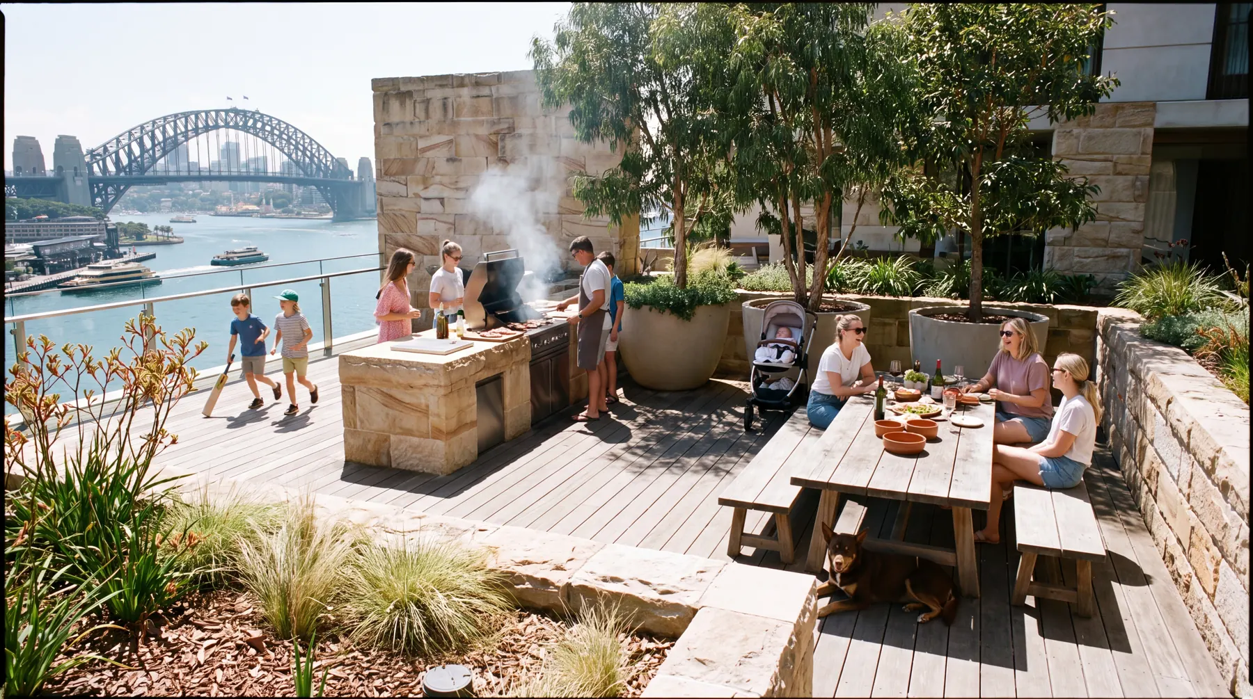 A Sunday afternoon barbecue on the podium terrace of Barangaroo Reach, Sydney, Australia.