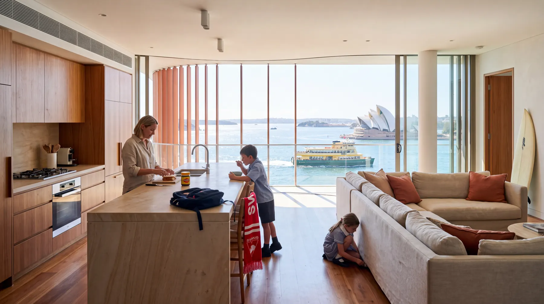 A family breakfast in a kitchen-living space high in Barangaroo Reach, Sydney, Australia.