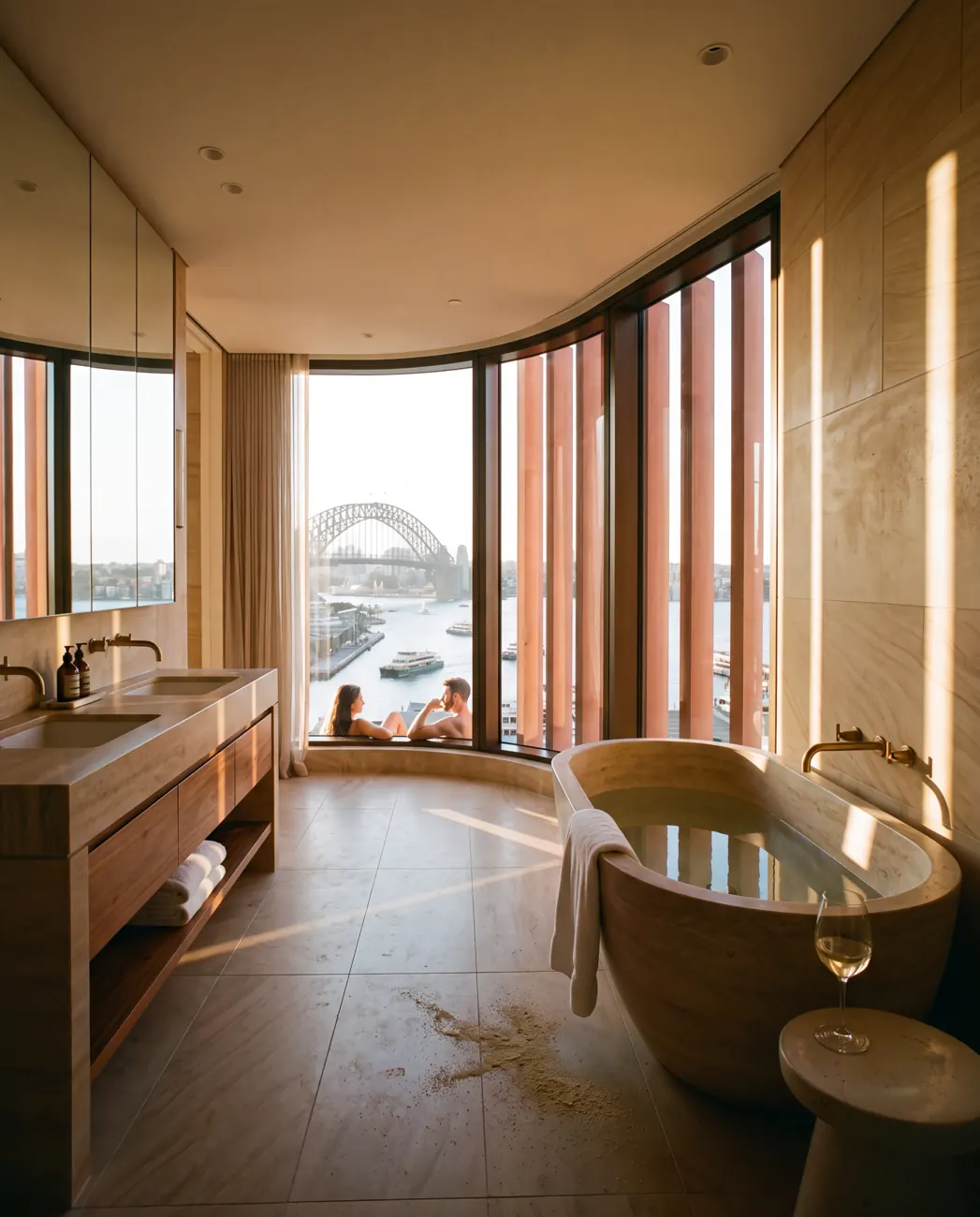 A bathroom with a harbour view high in Barangaroo Reach, Sydney, Australia.