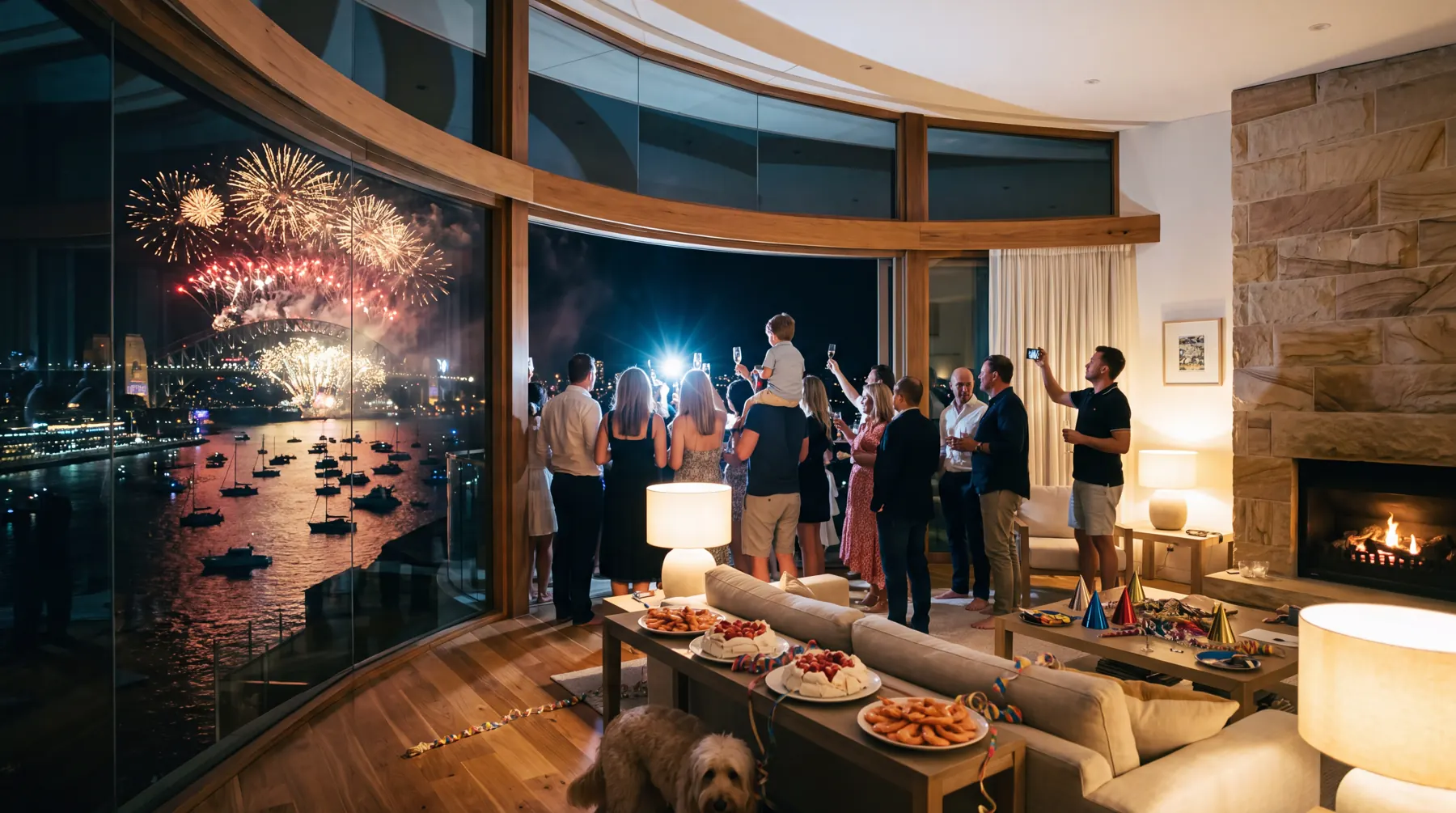A living room during a New Year's Eve fireworks show high in Barangaroo Reach, Sydney, Australia.