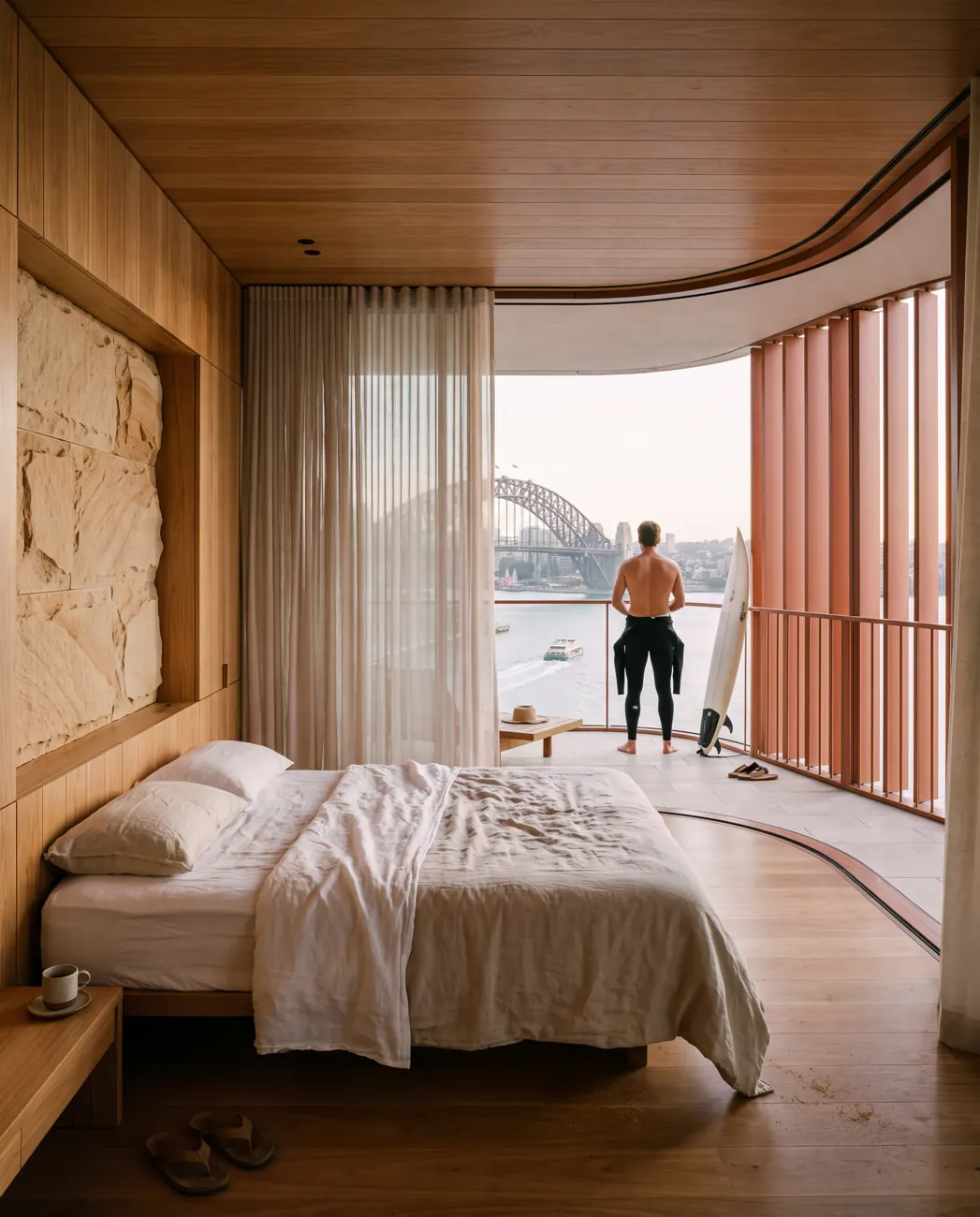 A bedroom at dawn high in Barangaroo Reach, Sydney, Australia.