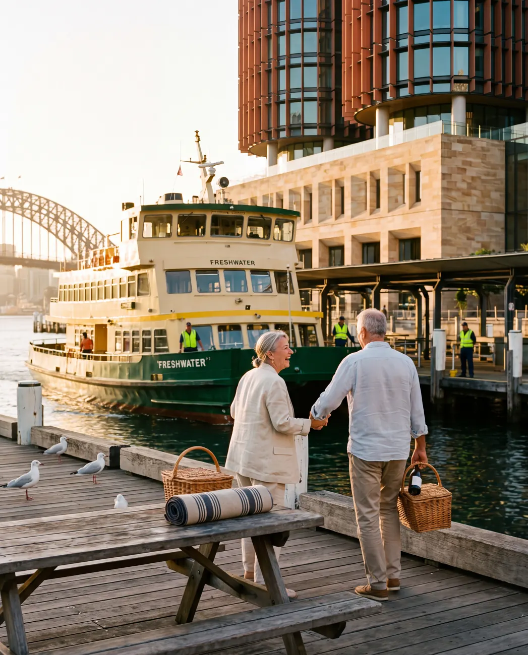 Golden hour on the ferry wharf at the foot of Barangaroo Reach, Sydney, Australia.