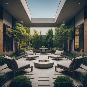 A 3D rendering showcasing a transformed modern courtyard with maximized space and a serene, minimalist design featuring clean lines and natural materials.